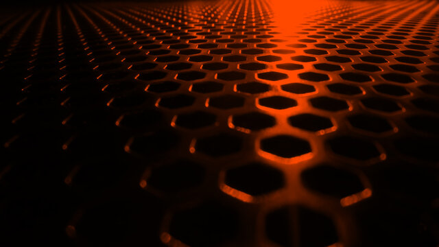 Surface with orange hexagon holes. Selected focus. Great for design backgrounds