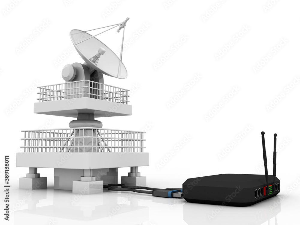 Poster satellite dish and spaceship with wifi modem, 3d rendering