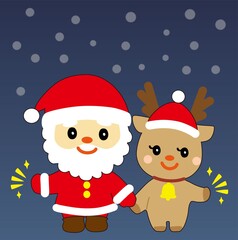 夜の雪が降る中の手をつないでいいね！するトナカイとサンタ