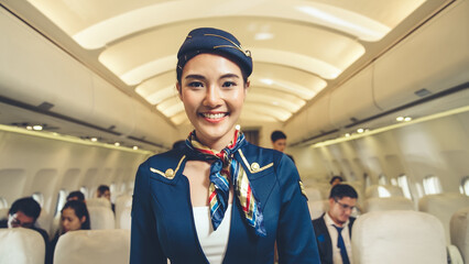 Cabin crew or air hostess working in airplane . Airline transportation and tourism concept.
