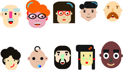 Set of human faces, Vector flat design illustrations isolated on white background.