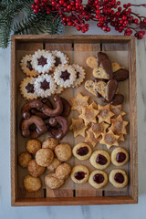 Traditional home made German Christmas Cookies on a festive table