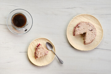 Top view of cottage cheese pie with black currant
