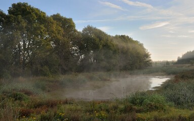 Morning mist over a small forest lake. Ryazan region. Russia.