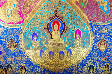 Buddha image in Thai painting in temple at Chonburi Thailand, July 23, 2017
