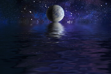 space planet in space reflected in water. galaxy stars night sky ,Elements of this Image Furnished...