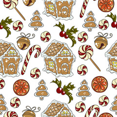 seamless pattern with gingerbread house, Christmas candies, on a white background. vector illustration.
