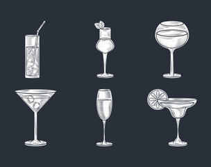 alcohol drink set glass, champagne, wine, martini, brandy, cocktails, thin line style icons