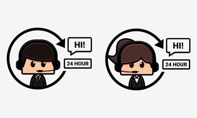 Operator employee cute cartoon characters. Customer service. Call center 24 hour hotline. Illustration vector