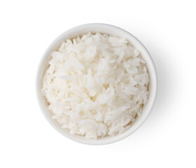 Cooked rice in white bowl isolated on white background