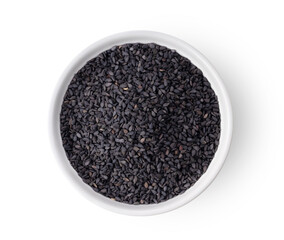 Top view of black sesame seeds in white bowl isolated on white background