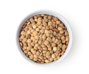 Uncooked lentils in white bowl isolated on white background