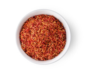 Naklejka premium dried safflower in white bowl on white background