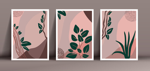 Mock up poster frame for wall decor of interiors. Set of modern vector illustration of abstract silhouettes tropical leaves in minimalist. Arrangements flat geometric shapes in trendy floral ornament