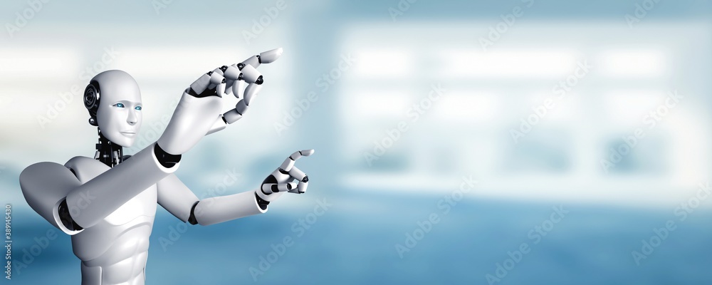 Aufkleber ai humanoid robot touching finger at copy space in concept of artificial intelligence thinking by ma
