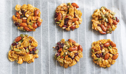 Healthy cookie, Cereal grain mixed with various nuts, dry cranberry and honey