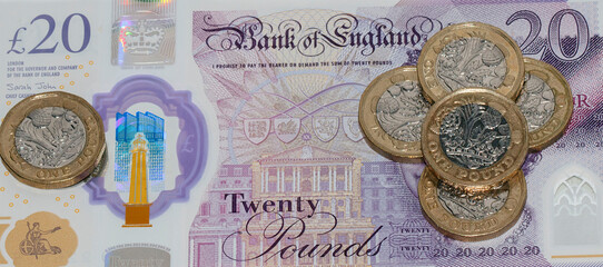 British Curreny. Twenty pound note with pound coins scattered on it - in a web banner format.