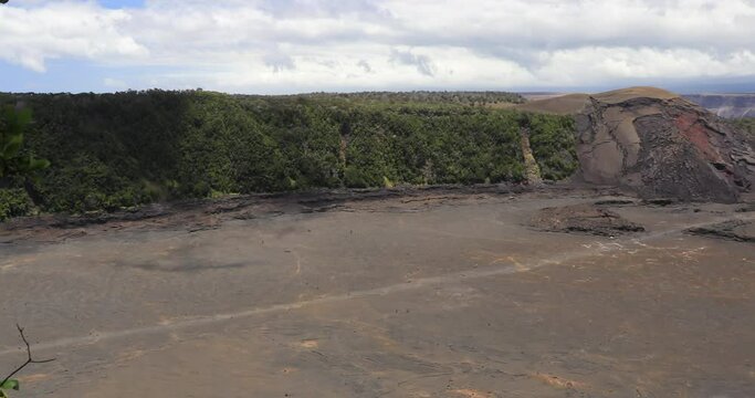 4k left to right panning motion of view inside the Kilauea Iki crater which is a pit crater that is next to the main summit caldera of Kīlauea,Volcanoes National Park,big island,hawaii,usa