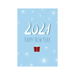 Naklejka premium New year's blue card with the inscription 2021 and happy new year. Vector banner with Christmas greetings. Print postcards in large quantities, lettering by hand. Gift and snowflakes.