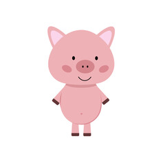 Cute pink pig isolated on white background. Vector flat illustration with a hero for children's books, sewing clothes, educational cards. Single element for sticker design  Pets