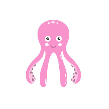 Cheerful pink octopus isolated on a white background. Vector flat illustration of a cartoon character for a children's book. Fish and marine life. Educational cards for children.