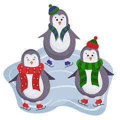 penguins on an ice rink in flat style isolated on a white background. Penguins in ice skates, hats and a scarf on the ice. Perfect for illustrating winter holidays, Christmas and new year