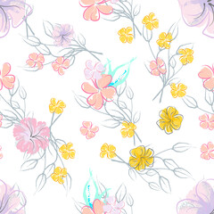 Pink Flowers Blooming Pattern. Pastel Watercolor.