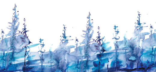 Watercolor art illustration. Drawing of the blue forest, pine tree, spruce, cedar. Dark, dense forest, suburban landscape. Postcard, logo, card, banner. Misty forest, haze. wood on a snowy slope. clif