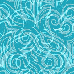 Vector seamless linear pattern on a turquoise background for decor. Texture for fabrics curtains or wrapping paper. Spiral waves bends and loops.