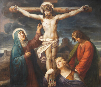 VIENNA, AUSTIRA - OCTOBER 22, 2020: The painting of Crucifixion in church St. Johann der Evangelist by Karl Geiger (1876).