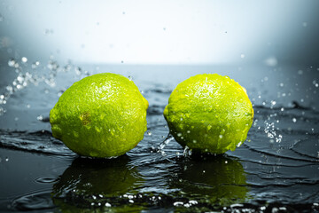 Fototapeta na wymiar Two green limes on gradient background with splash and water drops