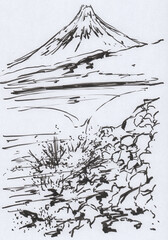 富士山と海の墨絵