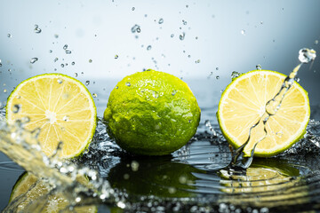 Two green limes on gradient background with splash and water drops