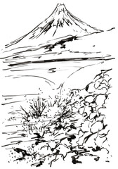 富士山と海の墨絵