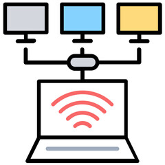 
Database mainframe connected to multiple computer screens, data mining and patterns icon

