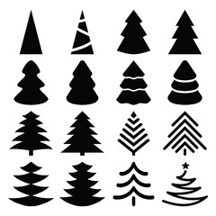 Vector set of black isolated silhouettes of Christmas trees on a white background. Collection of simple icons of fir trees for design, decoration of greeting cards, web banners, posters, invitations
