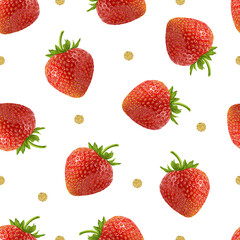 seamlesss hand draw strawberry with gold dot glitter pattern on white background