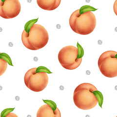 seamlesss hand draw peach with silver dot glitter pattern on white background
