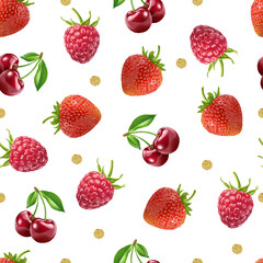 seamlesss hand draw mix berry fruit and silver dot glitter pattern on white background