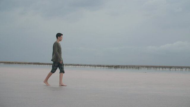 Zappy brunet guy strolling on a sea shore and looking around in windy weather  