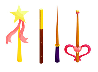 Magic wands cartoon flat vector illustrations set. Fantasy stick with yellow star and pink ribbon isolated on white background. Traditional fairy and magicians tool, wizards instrument for spellcraft