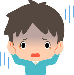 Obraz premium 耳を塞いで青ざめる若い男性