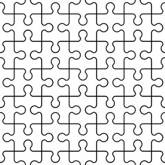 Seamless transparent jigsaw puzzle pattern. Puzzle with different types of details and the ability to move each part. Black and white vector illustration isolated on white background.