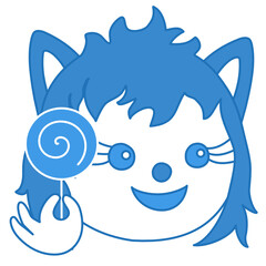 girl wolf emoticon holding a sweet lollipop candy on a stick in her hand, simplistic facial expression vector illustration, circle or ball shaped cartoon character