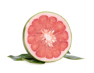 Pomelo citrus fruit with leaves isolated on white background