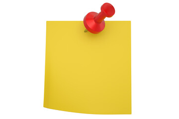 A blank yellow sticky note with a pin holding it down, 3D rendering. 3D illustration.