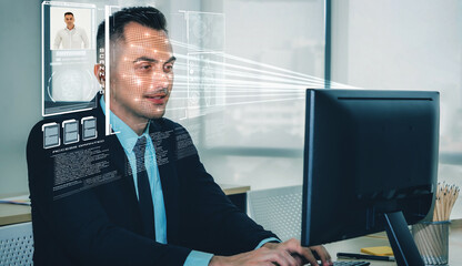 Facial recognition technology scan and detect people face for identification . Future concept interface showing digital biometric security system that analyze human face to verify personal data .