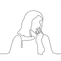 young woman put her fingers to her lips in emotion of surprise or thoughtfulness. one line drawing a woman is shocked, covers up a yawn, ponders a solution to some problem