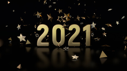 2021 gold lettering on a background of flying stars. 3d render.