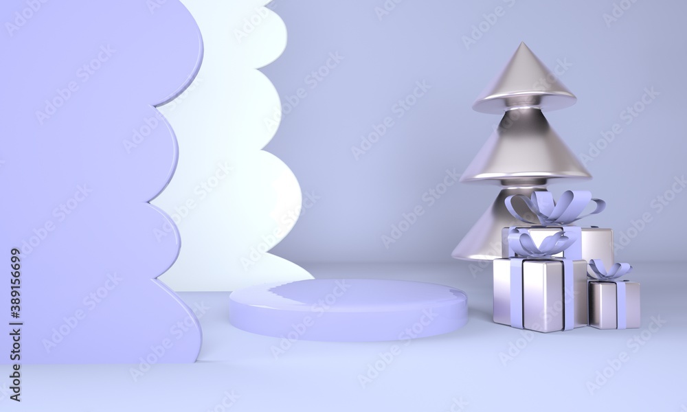 Poster christmas background with christmas tree and stage for product display. 3d rendering.